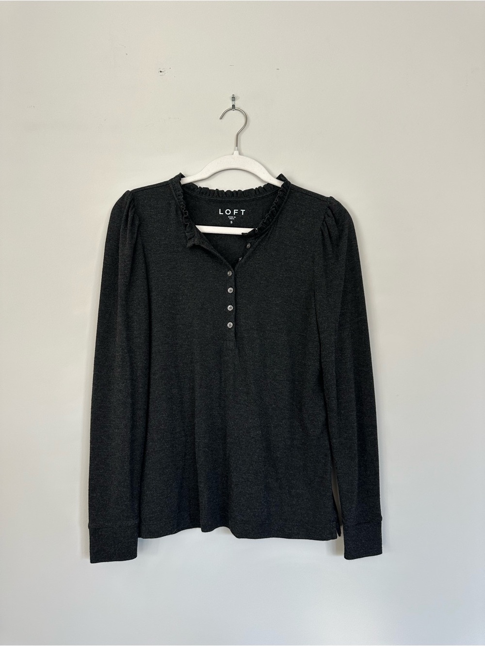 LOFT Charcoal Grey Long Sleeve Ruffle Henley Top